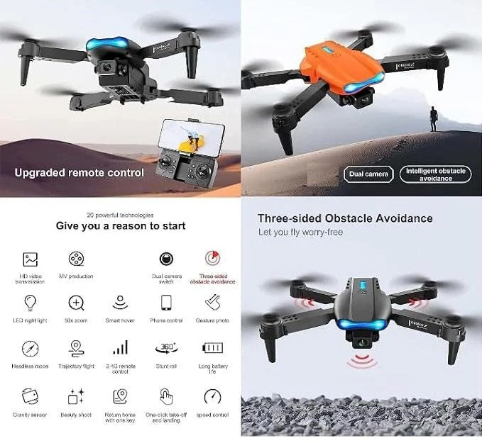Take Flight – E99 Drone Camera with HD Camera & Smart Controls │انطلق في الجو – طائرة الدرون E99 المزودة بكاميرا عالية الدقة (HD) وتحكم ذكي.